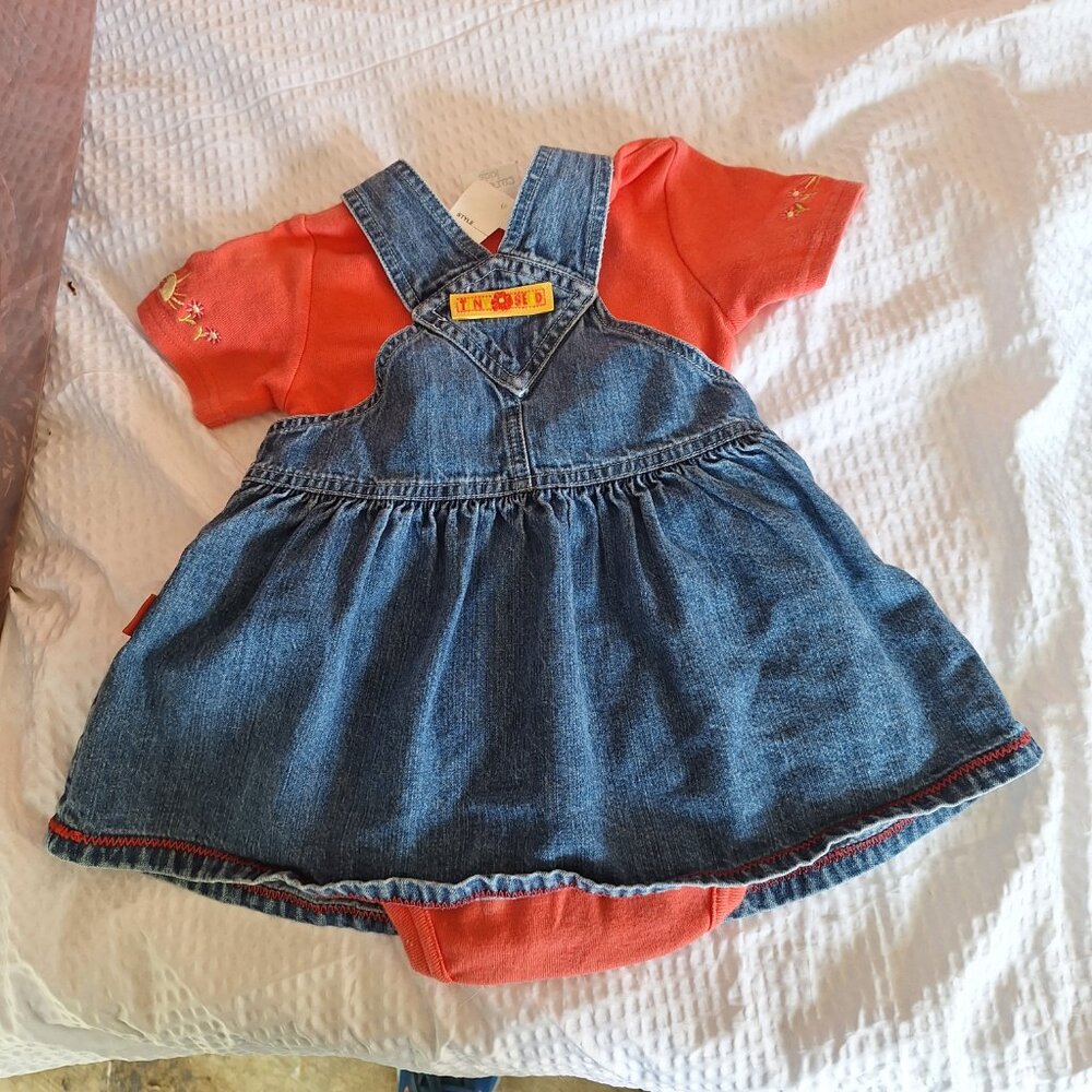 tiny seed denim dress with pink onesie carters 9-12 months